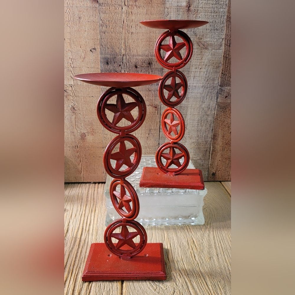 Four Stack Texas Star Cast Iron Candle Holders. Set of 2.